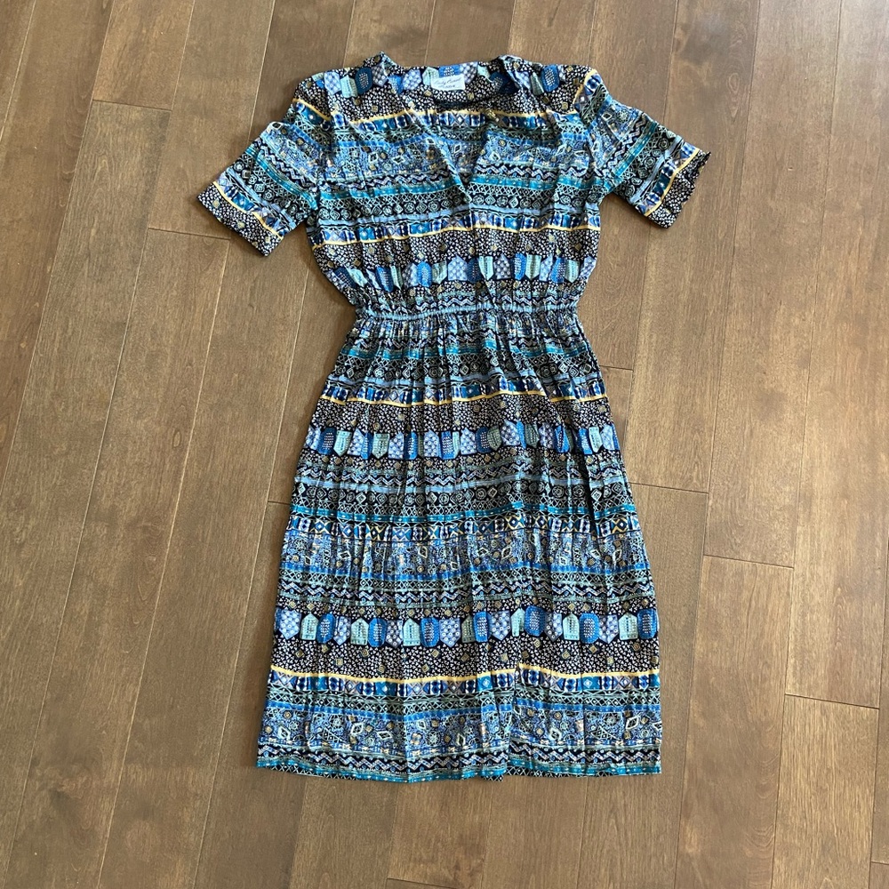 Vintage Colorful Patterned Aztec Bohemian Dress Shirtdress